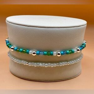 14K Sterling Silver Beaded 2 Row Bracelet Set - Green & Pearl Tones; no tarnish.